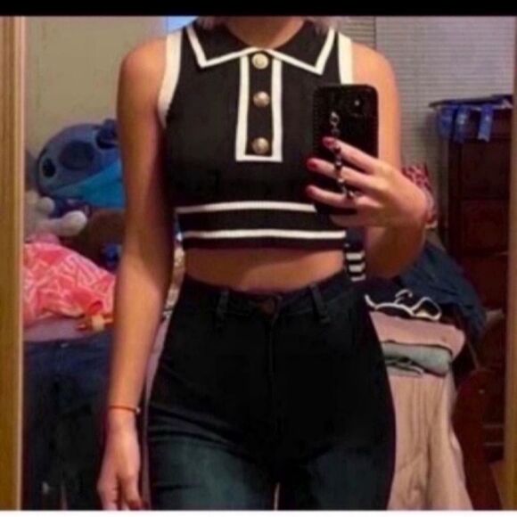 Women's Button Front Striped Collar Sleeveless Sweater Vest Knit Top size small - Picture 6 of 13